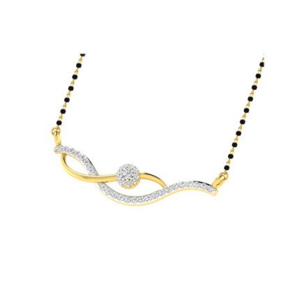 Front view of yellow gold mangalsutra with a diamond infinity twist and cluster