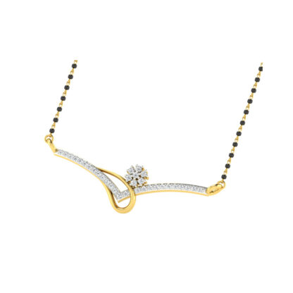 Front view of yellow gold mangalsutra with a curved diamond bar and curl accent