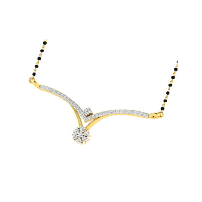 Front view of yellow gold mangalsutra with a diamond chevron bar and flower cluster