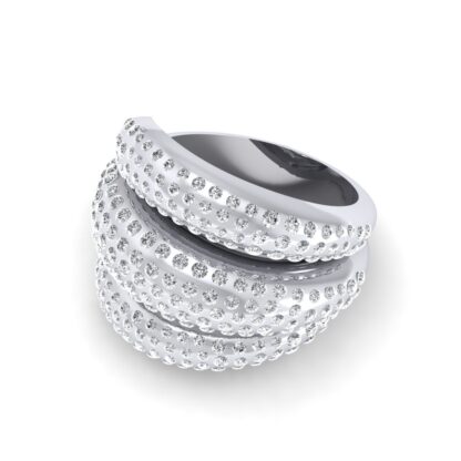 Perspective view of white gold triple-band dome ring studded with flush-set diamonds