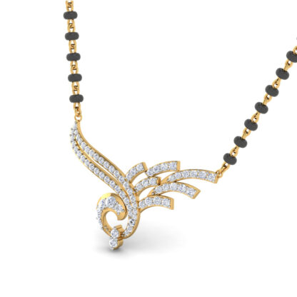 Front view of yellow gold mangalsutra with a stepped diamond fan and curl