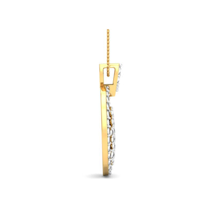 Angled view of yellow gold circular pendant showing the scattered diamond detail