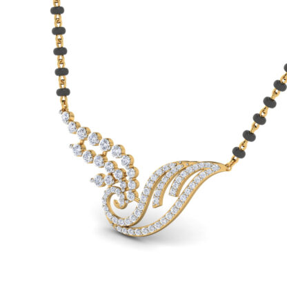 Front view of yellow gold mangalsutra with a diamond swirl and curved fan lines