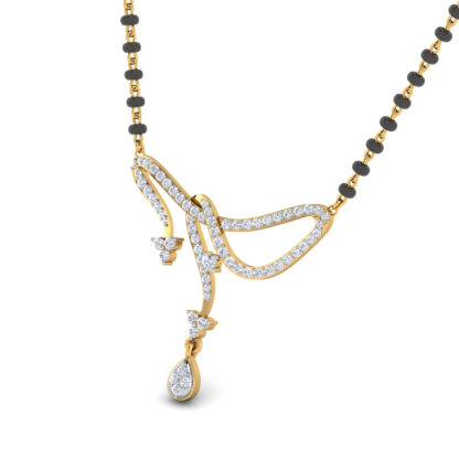 Angled view of yellow gold mangalsutra pendant showing the bow knot detail
