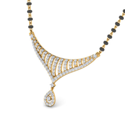 Front view of yellow gold mangalsutra with a pave diamond fan and pear drop
