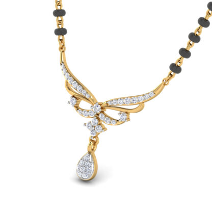 Front view of yellow gold mangalsutra with diamond butterfly wings and pear drop
