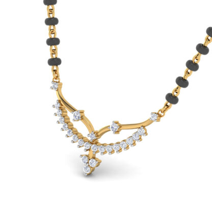 Front view of yellow gold mangalsutra with a sweeping diamond feather cluster
