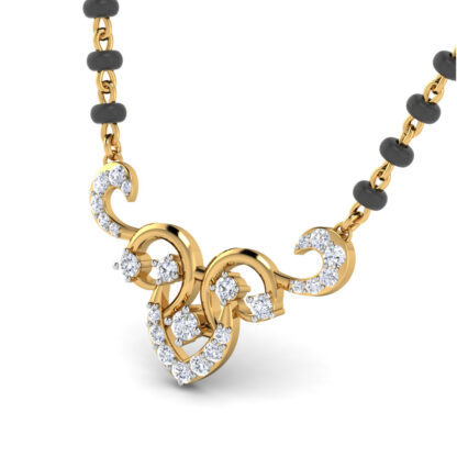Front view of yellow gold mangalsutra with interlocking diamond scroll spirals