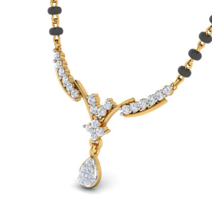 Front view of yellow gold mangalsutra with stepped diamond chevrons and pear drop