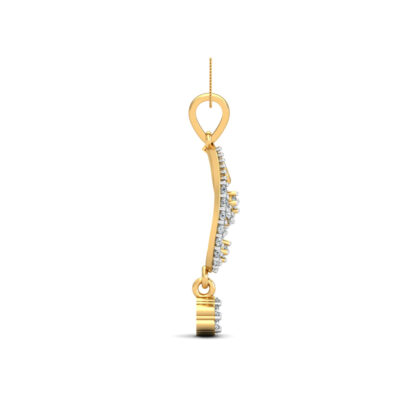 Angled view of yellow gold paisley pendant showing the diamond scroll detail