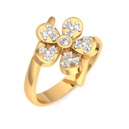 Perspective view of yellow gold bypass ring with a five-petal flower set with prong diamonds