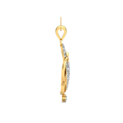 Angled view of yellow gold scroll pendant showing the layered curl detail