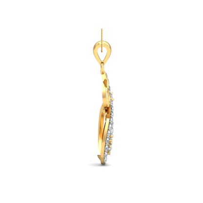 Angled view of yellow gold paisley pendant showing the double swirl detail