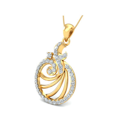 Front view of yellow gold circular pendant with a diamond edge and swirling ribs