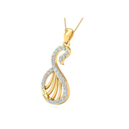 Front view of yellow gold pendant in a stylised swan silhouette traced in diamonds