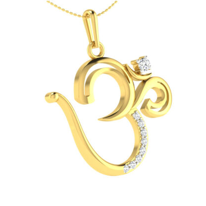 Front view of yellow gold Om symbol pendant with a diamond line and solitaire