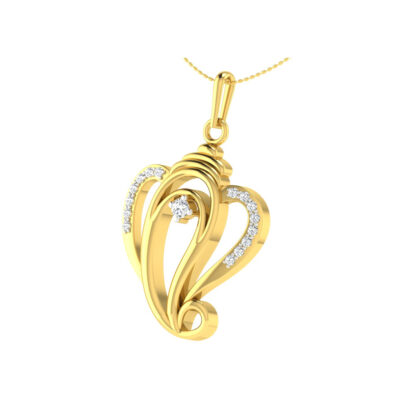 Front view of yellow gold pendant with an abstract silhouette inspired by Lord Ganesha