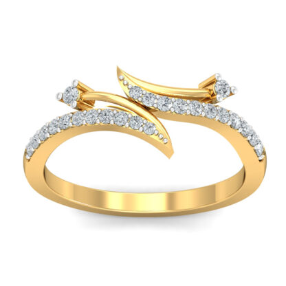 Front view of yellow gold ring with two overlapping pave diamond blades and prong-set diamond tips