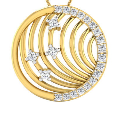 Angled view of yellow gold circle pendant showing the ribbed ring detail