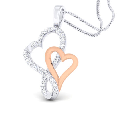 Front view of two-tone pendant with a diamond heart curling into an infinity tail