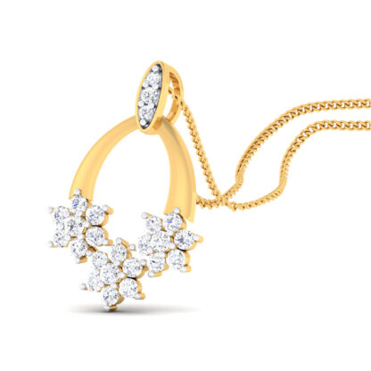 Angled view of yellow gold floral pendant showing the diamond flower clusters
