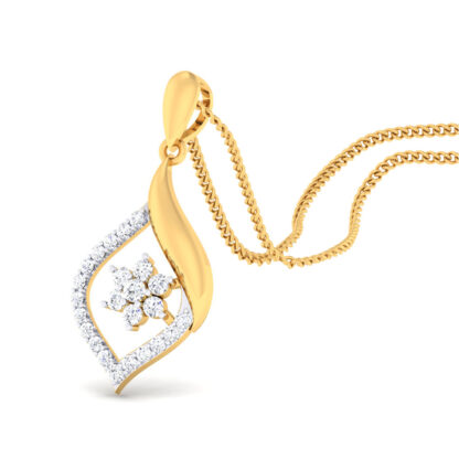 Angled view of yellow gold teardrop pendant showing the diamond outline