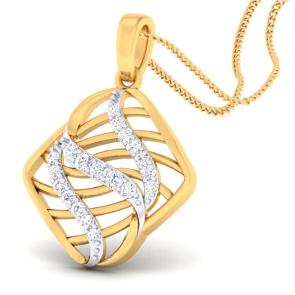 Angled view of two-tone cage pendant showing the ribbed line detail