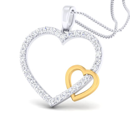 Front view of two-tone pendant with an interlocked diamond heart and plain heart
