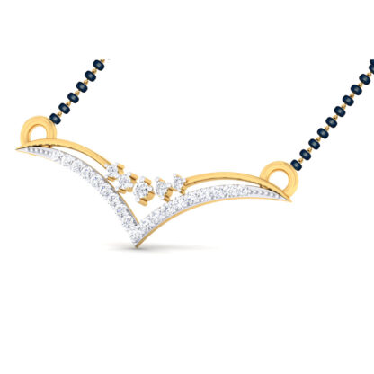 Side profile of yellow gold diamond chevron mangalsutra pendant showing depth