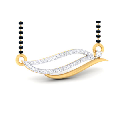 Angled view of yellow gold mangalsutra pendant showing the leaf wave detail