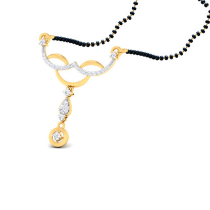 Angled view of yellow gold mangalsutra pendant showing the double arch detail