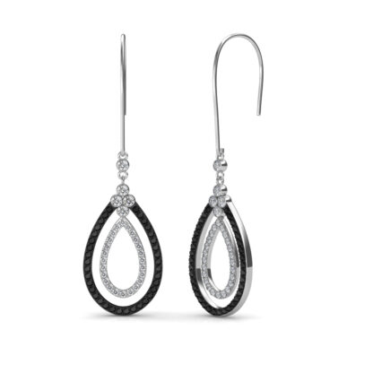 Angled view of black and white diamond teardrop earrings showing the hook wire