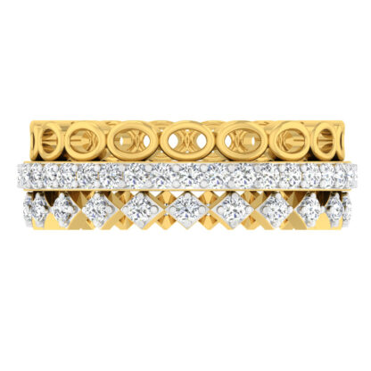 Yellow gold two-row diamond eternity ring worn on finger
