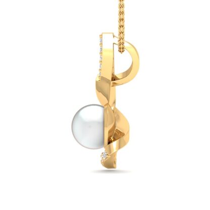 Yellow gold twisted diamond ribbon pearl pendant, close-up
