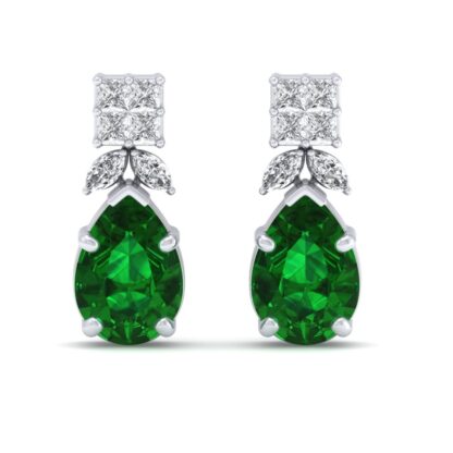White gold emerald diamond halo drop earrings, front view