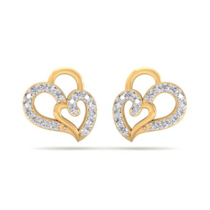 Front view of yellow gold double heart stud earrings pave-set in diamonds