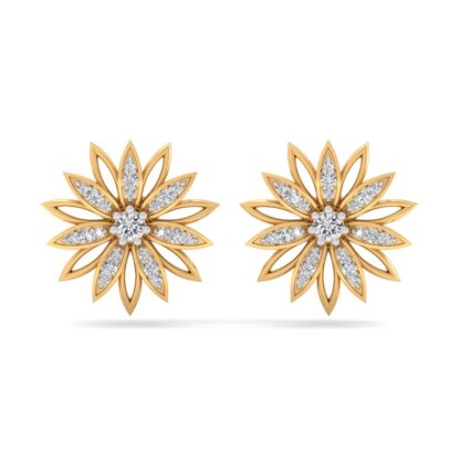 Front view of yellow gold sunflower stud earrings with layered diamond petals