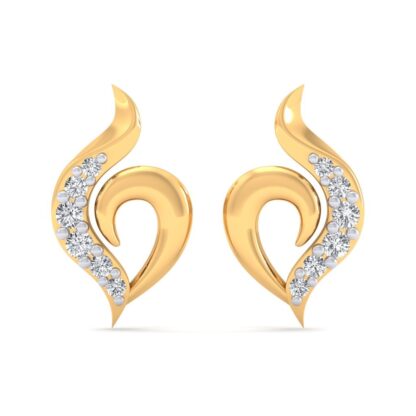 Front view of yellow gold flame swirl stud earrings with a diamond edge