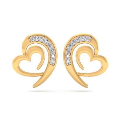 Front view of yellow gold heart stud earrings with a diamond arc curling above
