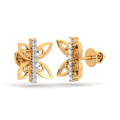 Side view of yellow gold filigree butterfly stud earrings showing the scroll detail