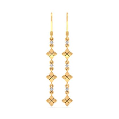 Front view of yellow gold star trail drop earrings with textured beads and diamonds