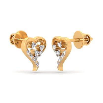 Side view of yellow gold heart stud earrings showing the curling diamond tail