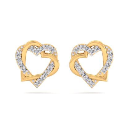 Front view of yellow gold interlocked heart stud earrings in round diamonds