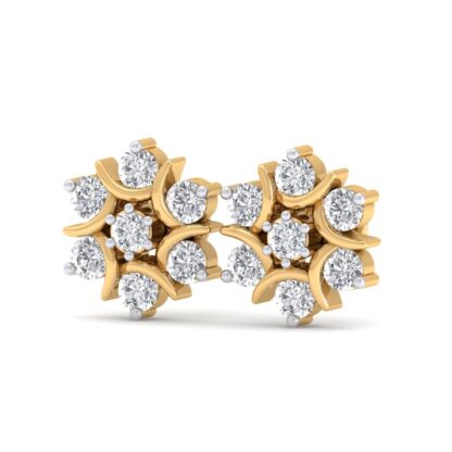 Angled view of yellow gold flower cluster earrings showing the crescent petals