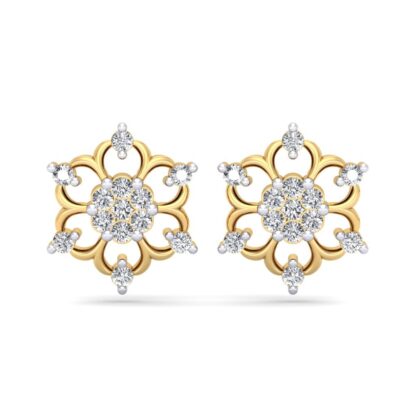 Front view of yellow gold snowflake stud earrings with a diamond cluster centre