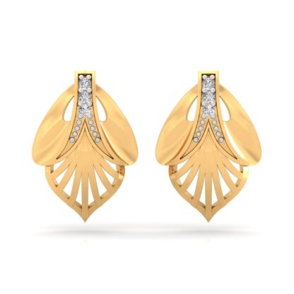 Front view of sculpted yellow gold leaf stud earrings with a diamond line spine