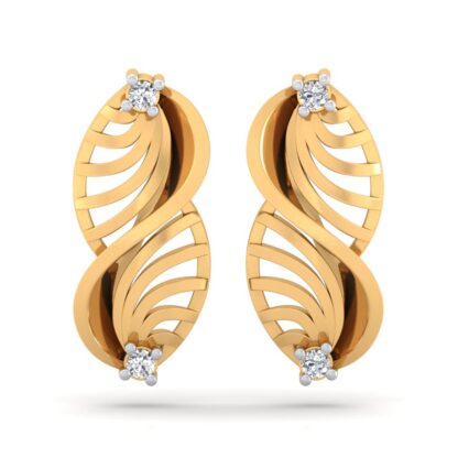 Front view of yellow gold paisley cut-out stud earrings with a diamond at each end