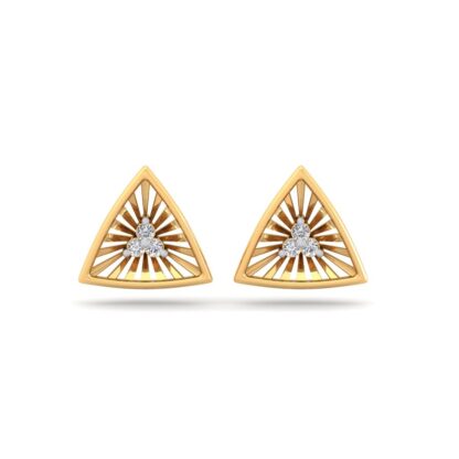 Front view of yellow gold sunburst triangle stud earrings with round diamonds