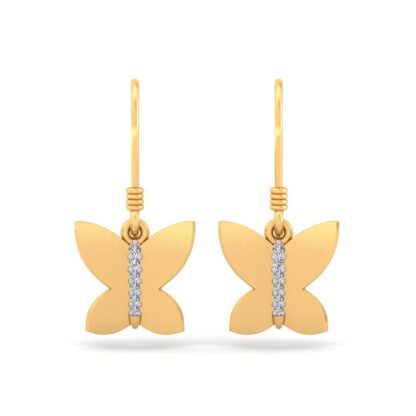 Front view of yellow gold butterfly drop earrings with a diamond line body