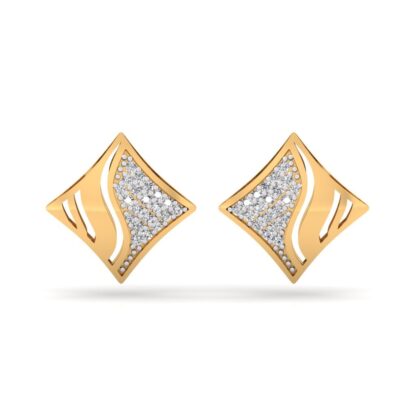 Front view of yellow gold kite-shaped stud earrings split diagonally with pave diamonds